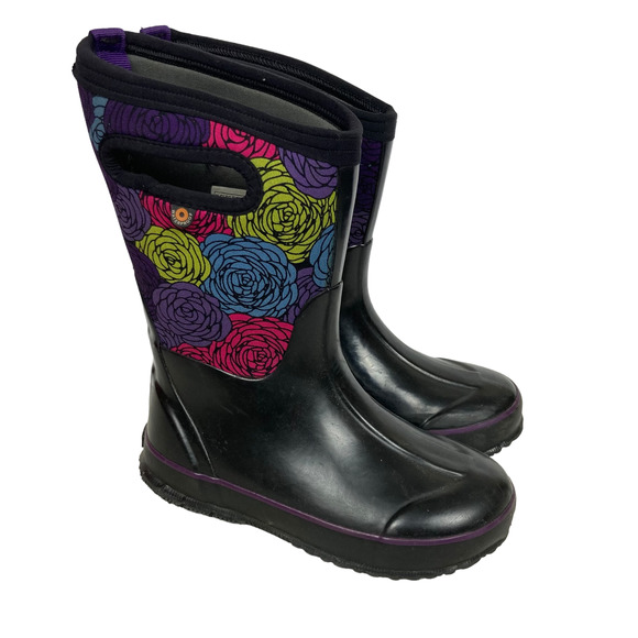 Bogs Black Rose Print Rain Boots Sz 1 Toddler - Picture 1 of 7